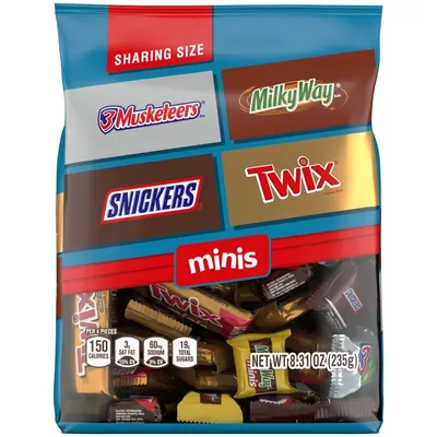Showcases the variety of candy brands included in this sharing-size minis pack (3 Musketeers, Milky Way, Snickers, Twix), helping shoppers understand the product lineup and variety they'll receive.
