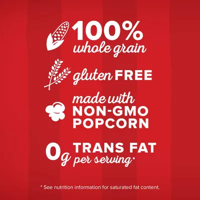 Communicates multiple health and dietary benefits of the popcorn product to appeal to health-conscious shoppers seeking clean, wholesome snack options.