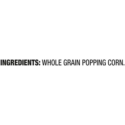Communicates the product's clean, simple ingredient list to reassure health-conscious shoppers that it contains only whole grain popping corn with no additives.