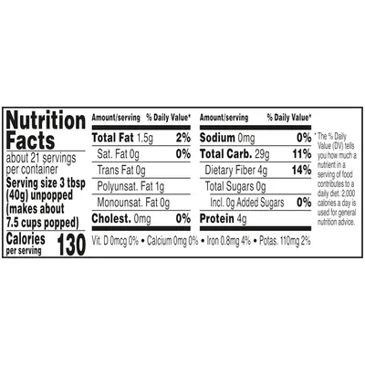 Provides complete nutritional facts to inform shoppers about the product's health profile, including calories, fat, sodium, carbohydrates, fiber, and protein content per serving.