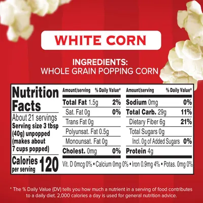 Communicates the product's simple, wholesome ingredient (whole grain popping corn) and provides detailed nutritional facts to reassure health-conscious shoppers about the product's nutritional…