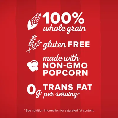 Communicates multiple health and ingredient benefits to reassure shoppers that the popcorn is wholesome, safe, and made with quality ingredients.