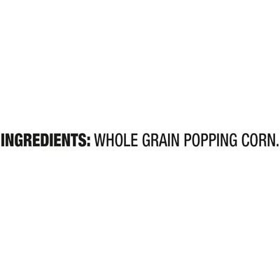 Communicates the product's clean, minimal ingredient list to reassure health-conscious shoppers that it contains only whole grain popping corn with no additives.