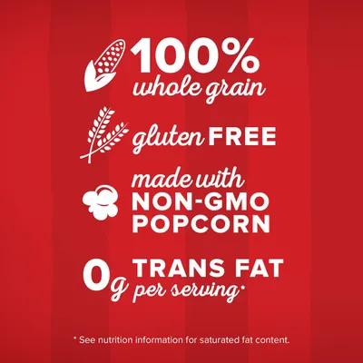 Communicates multiple health and ingredient benefits to reassure shoppers that the popcorn is made with wholesome, clean ingredients and is suitable for various dietary preferences.