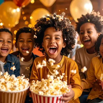 Showcases the product (popcorn) being enjoyed in a joyful, real-world celebration context with children at a party, creating emotional connection and demonstrating the product's role in happy moments.