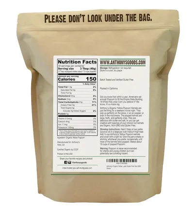 Shows the back of the product packaging with nutrition facts, ingredient information, and brand details to inform shoppers about product contents and specifications.