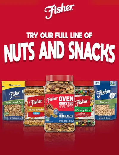 Showcases the Fisher brand's full product lineup of nuts and snacks to encourage shoppers to explore and try multiple products from the brand's portfolio.