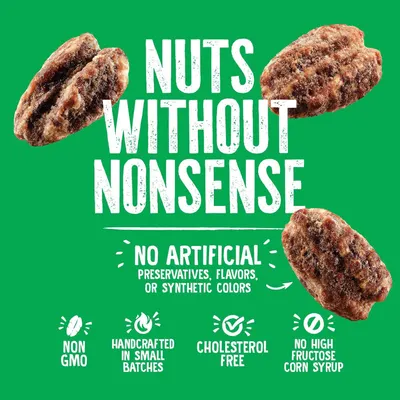 Communicates multiple health and quality benefits of the product through a segmented layout with icons, emphasizing natural ingredients and clean label attributes to appeal to health-conscious…