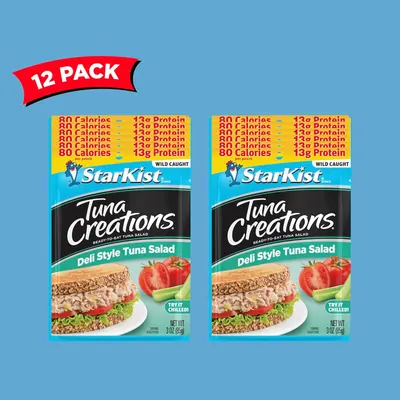 Highlights the low calorie count and high protein content to appeal to health-conscious shoppers looking for nutritious, convenient meal options. Shows the customer receives a 12-pack bundle of tuna…