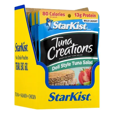 Shows the customer what they receive when purchasing this bundle—multiple pouches of Tuna Creations in different varieties, emphasizing convenience and value.