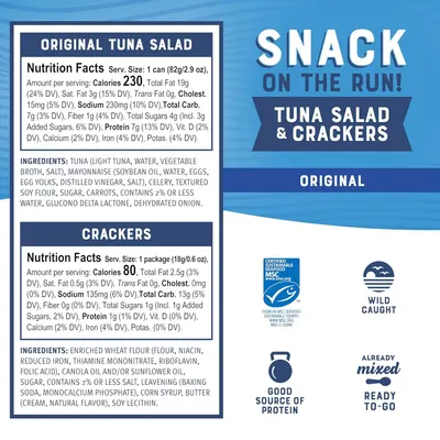 Communicates multiple selling benefits including portability, nutritional transparency, sustainability credentials (MSC certified, wild caught), protein content, and convenience (already mixed,…