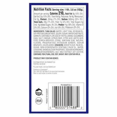 Communicates safety certifications (Dolphin Safe, Wild Caught) and allergen/ingredient transparency to reassure shoppers about product sourcing and dietary considerations.