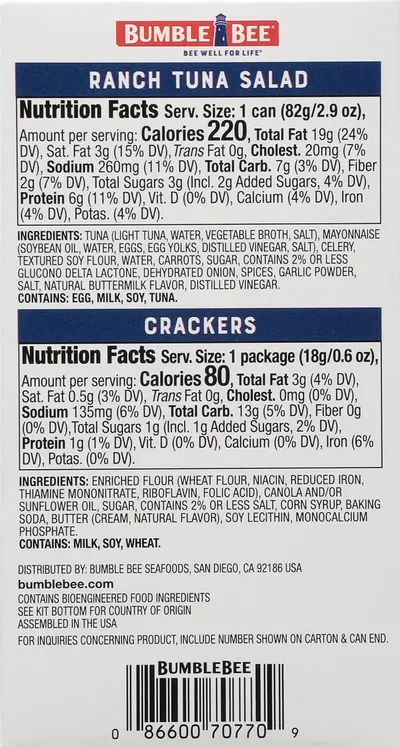 Shows the customer exactly what is included in the package: a can of ranch tuna salad and a package of crackers, along with detailed nutrition facts and ingredients for both items.