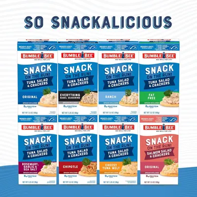 Displays the full range of Bumble Bee snack pack flavors available to help shoppers understand the variety of options and choose their preferred flavor.