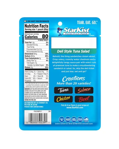 Showcases the StarKist Creations product line with more than 20 varieties including Tuna, Salmon, Chicken, and Beef options to help shoppers understand the brand's full range of flavors and choose…