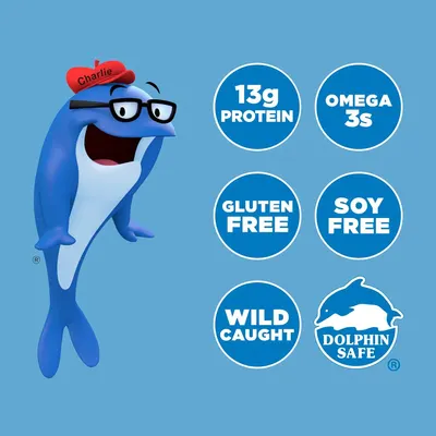 Communicates multiple nutritional benefits and certifications of the tuna product to reassure health-conscious shoppers about protein content, dietary restrictions, and ethical sourcing.