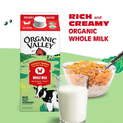 Communicates the premium quality and creamy texture of the organic whole milk to appeal to shoppers seeking a rich, satisfying dairy product.