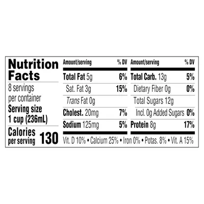 Provides detailed nutritional facts to inform shoppers about the product's calorie count, macronutrients, vitamins, and minerals per serving.