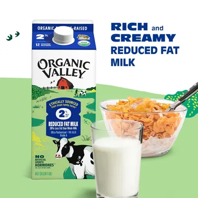 Communicates that the 2% reduced fat milk maintains a rich and creamy taste despite being lower in fat, reassuring shoppers they don't have to sacrifice flavor for a healthier option.