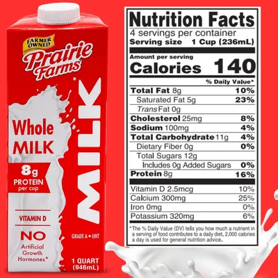 Communicates multiple nutritional benefits and product attributes to help shoppers understand the health value and quality of the whole milk product.