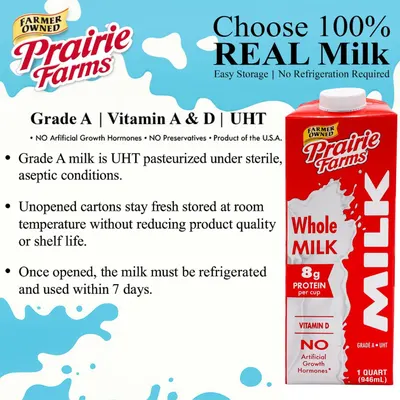 Communicates multiple key benefits of the milk product including its real milk quality, shelf-stable convenience, nutritional value, and clean ingredient profile to reassure shoppers about product…