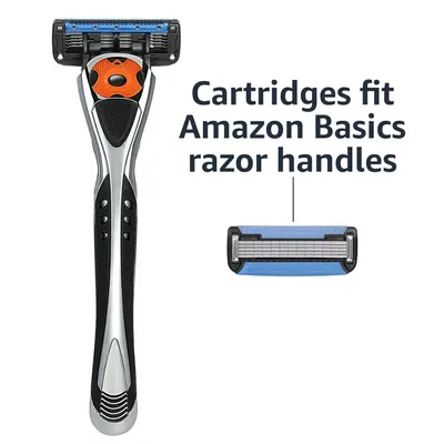 Communicates that these replacement cartridges are compatible with Amazon Basics razor handles, reassuring shoppers about product fit and interchangeability. Communicates that these replacement…