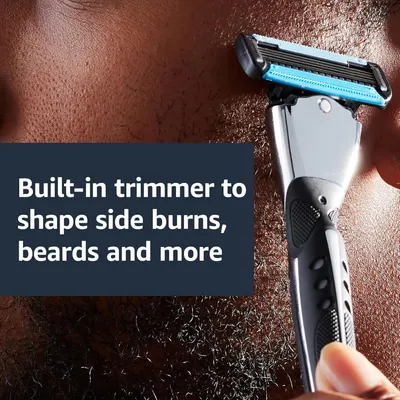 Highlights the built-in trimmer feature that allows users to shape sideburns, beards, and more, emphasizing versatility and convenience.