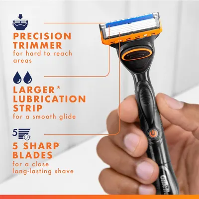 Breaks down the razor's key physical components with callout lines to educate shoppers on the specific parts and their functional benefits. Highlights three distinct selling benefits in a segmented…