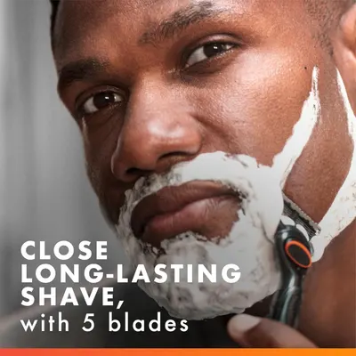 Communicates the product's ability to deliver a close, long-lasting shave using 5 blades, reassuring shoppers of quality shaving performance.