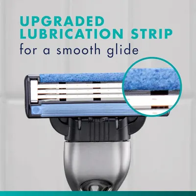 Highlights the upgraded lubrication strip feature of the razor to communicate improved shaving comfort and smooth glide performance. Communicates the benefit of a smooth, comfortable shaving…