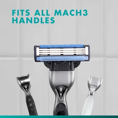 Communicates that this razor cartridge is compatible with all Mach3 handles, reassuring shoppers about interchangeability and versatility. Highlights the key benefit of universal compatibility with…