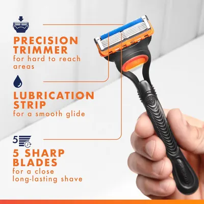 Breaks down the razor's key physical components with callout lines to educate shoppers on the product's construction and what each part does. Highlights three distinct selling benefits in a…