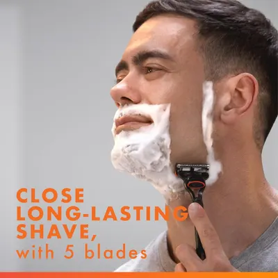 Communicates the product's ability to deliver a close, long-lasting shave using 5 blades, reassuring shoppers of quality shaving performance.