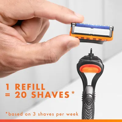 Communicates the value and longevity of the razor refill by quantifying how many shaves a customer can expect from one cartridge, helping shoppers understand cost-per-use efficiency. Reinforces the…
