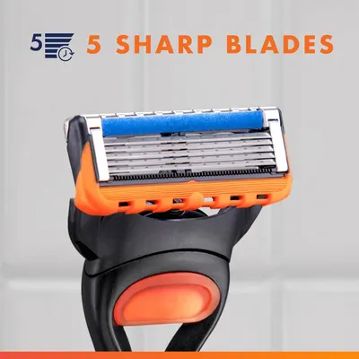 Highlights the razor's 5-blade system to communicate superior shaving performance and precision.