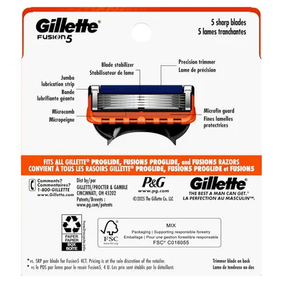 This image breaks down the physical components of the Gillette Fusion5 razor blade cartridge, labeling each part to help shoppers understand the product's construction and technical features.