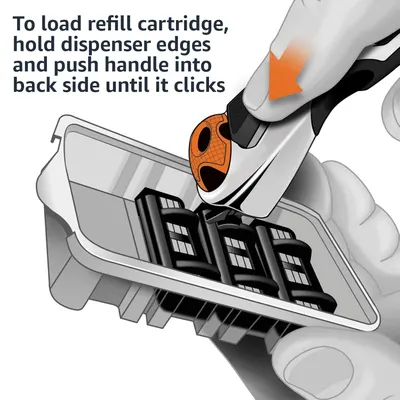 Instructs shoppers on how to load the refill cartridge into the dispenser, demonstrating ease of use and simple setup. Highlights the simple, user-friendly refill mechanism to reassure shoppers that…