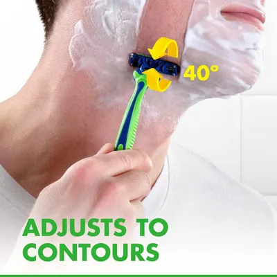 Demonstrates that the razor head pivots 40 degrees to adjust to facial contours, ensuring a close and comfortable shave on all areas of the face and neck.