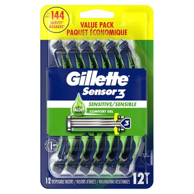 Shows the complete contents of the value pack (12 disposable razors) to communicate quantity and value to the shopper.