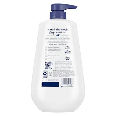 Communicates multiple product benefits in a segmented layout with icons and text, highlighting the body wash's clean ingredients, moisturizing technology, gentle cleansing, and skin-friendly…