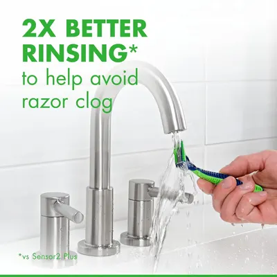 Communicates a quantifiable performance improvement (2X better rinsing) to demonstrate the product's superior effectiveness at preventing razor clog compared to a competitor model. Positions the…