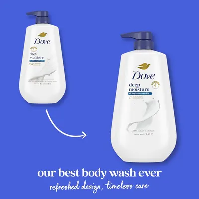 Communicates a packaging redesign or product refresh to shoppers, emphasizing that this is the brand's best body wash formulation with updated design while maintaining the same trusted care.