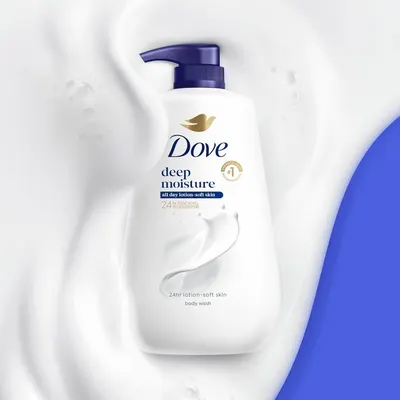 Provides a clean, catalog-style product image showing the Dove Deep Moisture body wash bottle with its pump dispenser and packaging details.
