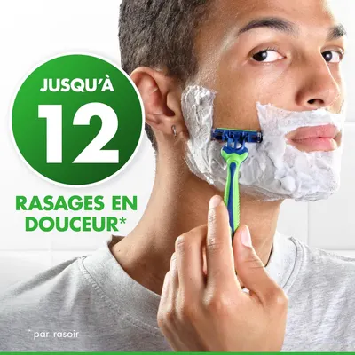 Communicates the longevity and value of the razor by highlighting that each razor provides up to 12 comfortable shaves, reassuring shoppers of its durability and cost-effectiveness. Reinforces the…