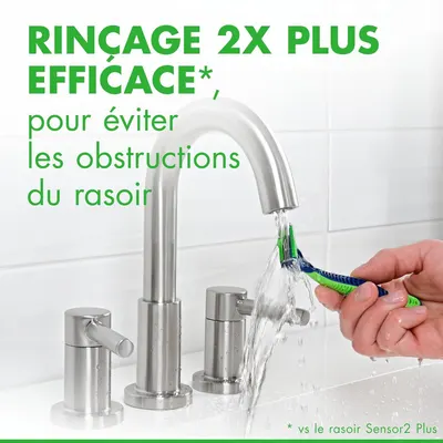 Communicates a quantifiable performance claim that the product rinses 2X more effectively to prevent razor clogs, positioning it as superior to a competitor product. Demonstrates superiority over a…