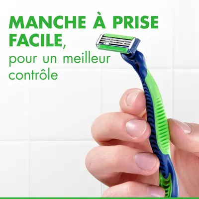 Highlights the ergonomic handle design that provides easy grip and better control during shaving, reassuring shoppers of comfortable and precise use.