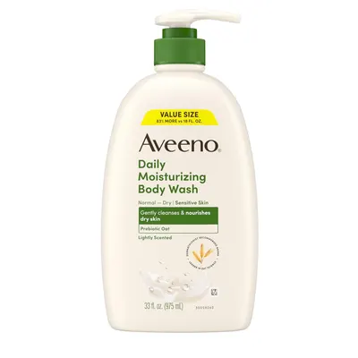 Provides a clean, catalog-style view of the Aveeno Daily Moisturizing Body Wash bottle showing the packaging design, pump dispenser, and product labeling on a pure white background.