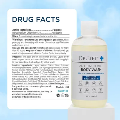 Communicates multiple product benefits including antibacterial effectiveness (kills 99.9% of germs), botanical ingredients, and numerous safety/sustainability certifications to reassure shoppers…