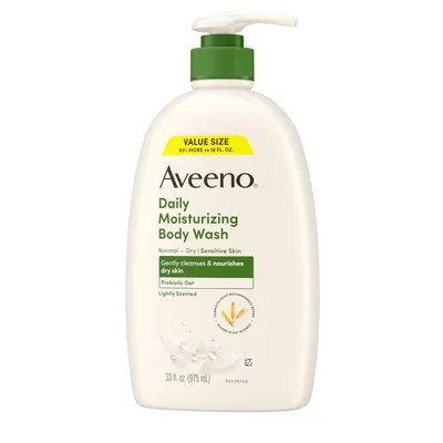 Provides a clean, catalog-style view of the Aveeno Daily Moisturizing Body Wash bottle, showing the product packaging, pump dispenser, and key label information without distractions.