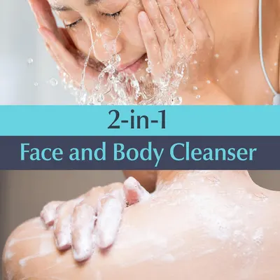 Demonstrates the product's versatility as both a face and body cleanser, showing multiple use cases to communicate convenience and value. Highlights the key benefit of versatility—one product that…